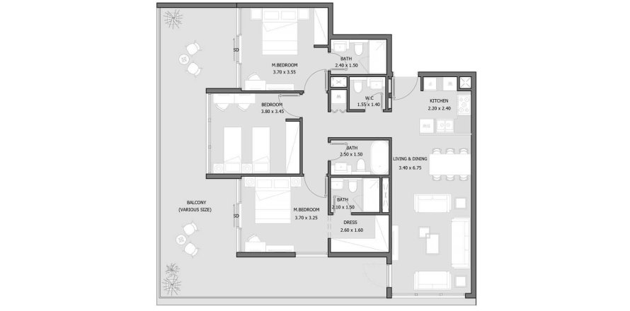 Apartament në Sila në Masdar City, Abu Dhabi, Emiratet e Bashkuara Arabe 3 dhoma gjumi, 154 m2. № 695894