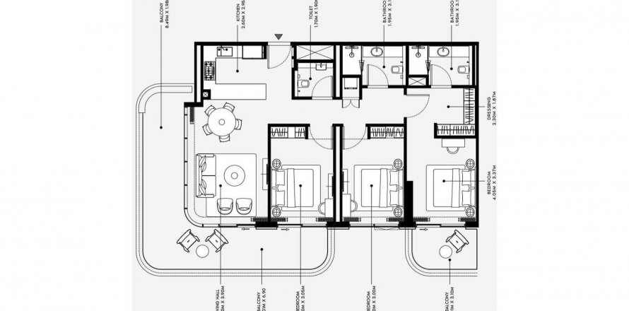 Планировка «3BR» 4 комнаты в ЖК AZIZI VENICE