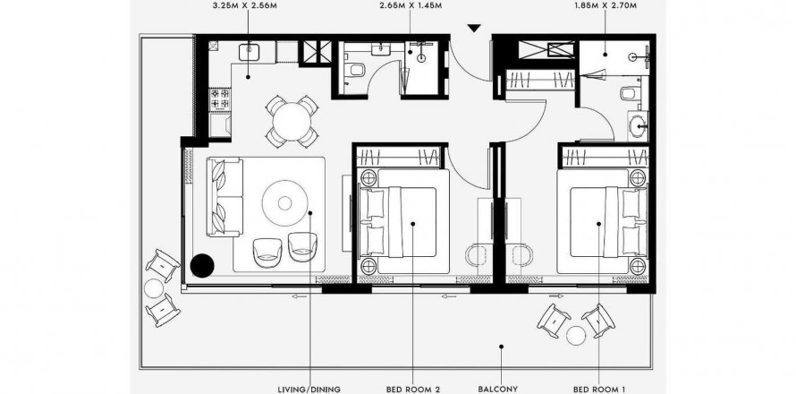 Планировка «2BR» 3 комнаты в ЖК AZIZI VENICE