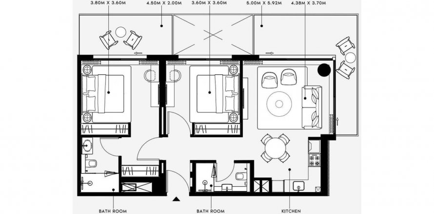 Планировка «2BR» 3 комнаты в ЖК AZIZI VENICE