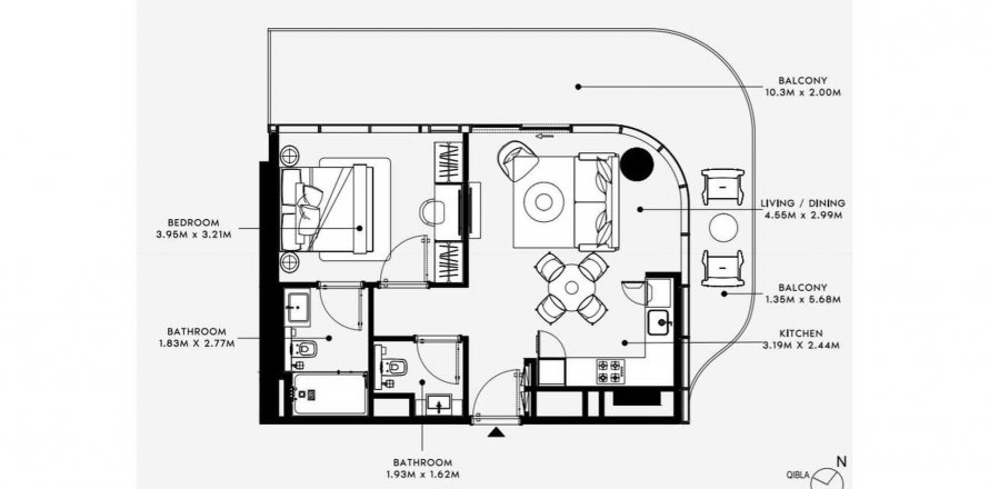 Планировка «1BR» 2 комнаты в ЖК AZIZI VENICE