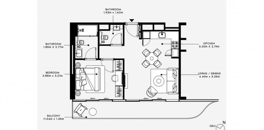 Планировка «1BR» 2 комнаты в ЖК AZIZI VENICE