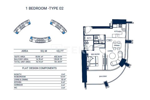 Apartment sa Business Bay, Dubai, UAE 1 silid-tulugan, 71 sq.m. № 706239 - larawan 13