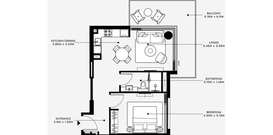 Byt půdorys «1BR», 1 ložnice v AZIZI VENICE