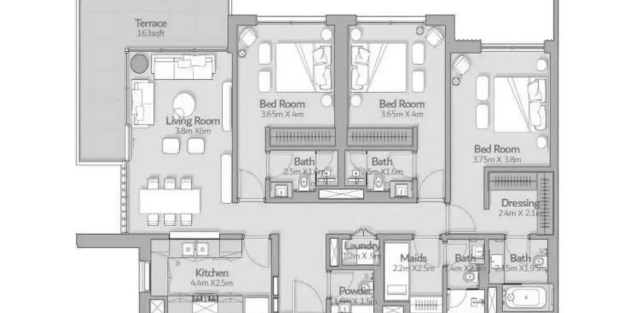 Apartmán v South Square Tower S1 v Dubai South (Dubai World Central), SAE 3 spálne, 155.43 m2 č. 715032