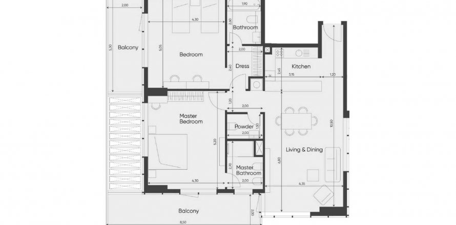 Планировка «2BR» 3 комнаты в ЖК Sea Legend One