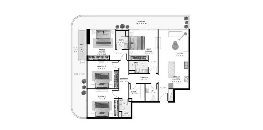 Dzīvoklis Ocean Pearl Dubaijā, AAE 4 istabas, 183 m2 Nr. 646607