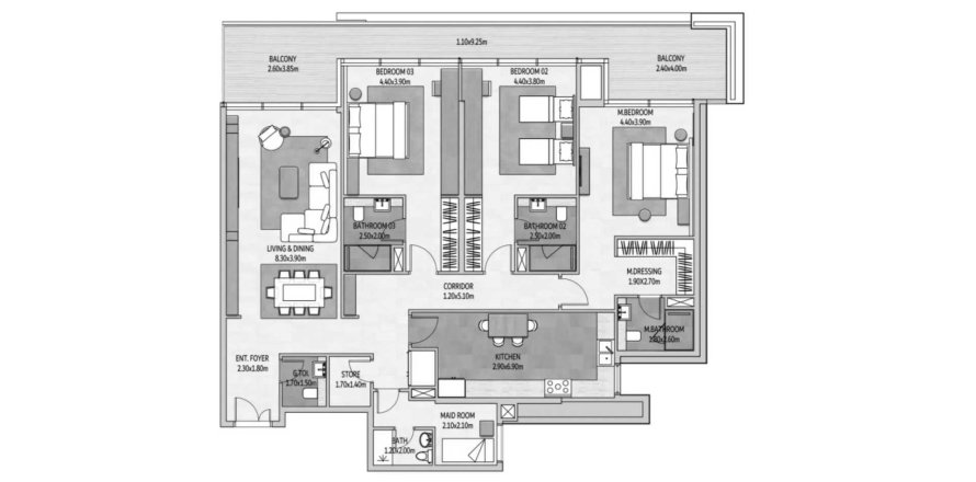 Apartman u VISTA DEL MAR na Yas Island, Abu Dhabi, UAE 211.72 m2, 3 spavaćih soba Br. 386493