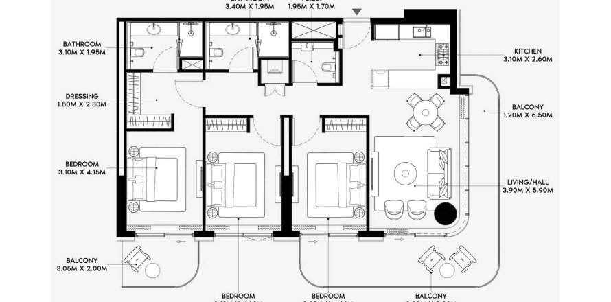 Apartament në Azizi Venice 13 në Dubai South (Dubai World Central), Emiratet e Bashkuara Arabe 3 dhoma gjumi, 151 m2. № 686990
