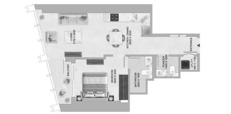 Korter korruseplaan «1BR-52», 1 magamistoaga in The Mirage at Sobha Central