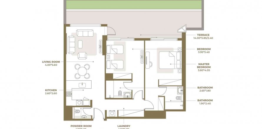Apartman tlocrt «TYPE 01T», 2 spavaćih soba u ROSALIA RESIDENCES